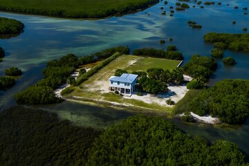 Obraz premium Aerial view of a light blue single story house situated on a small island surrounded by lush green mangrove trees and calm blue green water a tranquil island getaway home