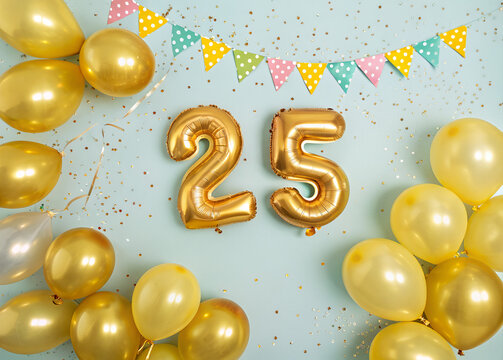 Golden Anniversary Celebration: Balloons, streamers, and confetti create a festive atmosphere for a golden anniversary celebration, symbolizing a milestone of 25 years of love, commitment, and joy.