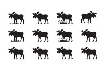 Obraz premium Set of Black Silhouette Moose Icons, Drinking and Grazing