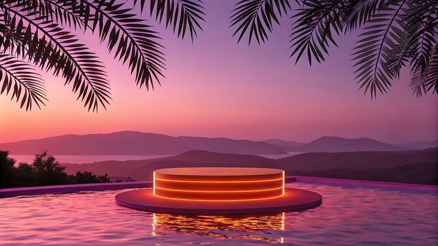 Illuminated podium stage in a tranquil tropical landscape featuring a vibrant sunset and water reflection