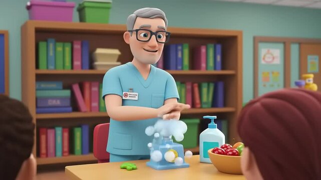 Animated scene of a healthcare professional demonstrating handwashing at a classroom, with students engaged
