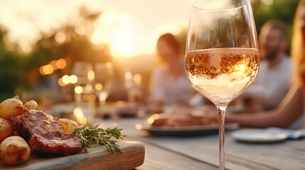 A beautifully arranged table featuring a glass of rosé wine set against a warm sunset, complemented by grilled meat and potatoes, perfect for outdoor dining experiences.