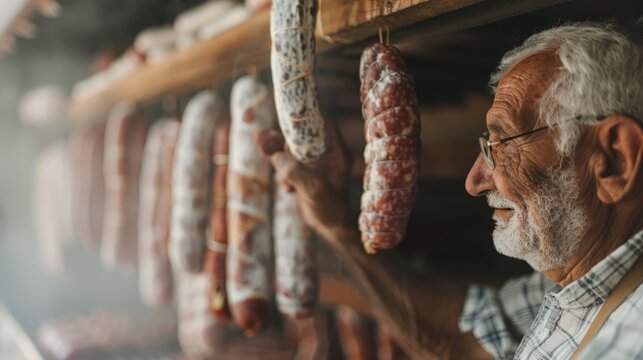 An elderly artisan proudly selects hanging cured meats in a traditional shop, showcasing craftsmanship and heritage in food preparation, highlighting the rich flavor and culture of charcuterie.