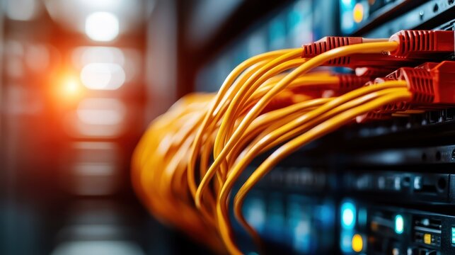 Close-up view of network cables in a server room, emphasizing the complexity and organization of modern technology that drives our interconnected digital world.