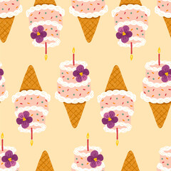 Cute hand-drawn vector seamless pattern of birthday mini cake ice cream cone with violets flower, candle and pastel frosting. Korean-inspired bento bakery trendy design