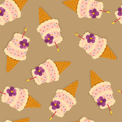 Cute hand-drawn vector seamless pattern of birthday mini cake ice cream cone with violets flower, candle and pastel frosting. Korean-inspired bento bakery trendy design