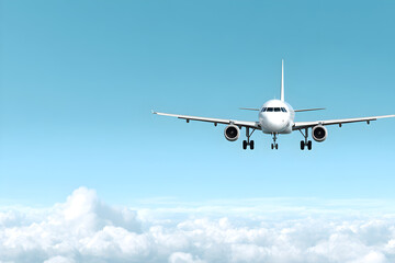 Fototapeta premium Airplane soaring through clear blue sky, sleek design flying over fluffy clouds, ideal for travel or aviation themes.