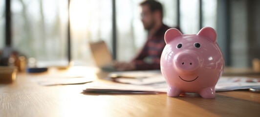 The cheerful piggy bank representing savings and financial planning in a modern workspace.