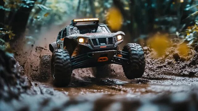 Extreme Off-Road Adventure: A Mud-Slinging RC Rock Crawler Action in a Lush Forest