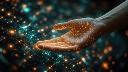 Digital hand reaching out to data streams in a futuristic setting