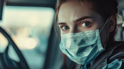 Paramedic Mask. Sad Exhausted Female Nurse in Uniform Inside Emergency Vehicle
