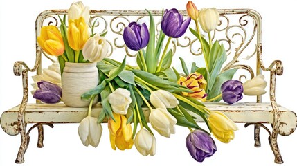 a basket of tulips on an old bench against a white background