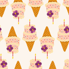 Cute hand-drawn vector seamless pattern of birthday mini cake ice cream cone with violets flower, candle and pastel frosting. Korean-inspired bento bakery trendy design