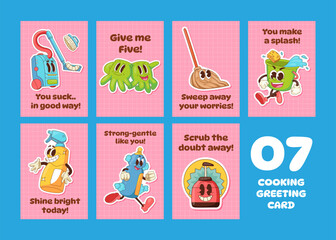 Set of Retro Cleaning Sticker for Greeting Card Invitation with Cute Character Cartoon. Concept Illustration with Spray, Gloves, Broom, Bucket, Vacuum Cleaner.Vintage Comic Retro Style Outline Doodle.