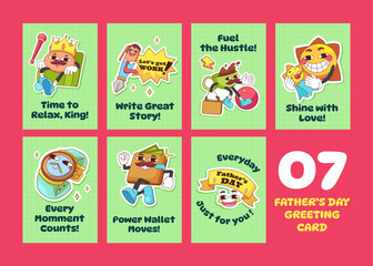Set of Retro Father's Day Sticker for Greeting Card Invitation with Cute Character Cartoon. Concept Illustration with Wallet, Mug, Gift, Dad, Heart, Trophy. Vintage Comic Retro Style Outline Doodle.