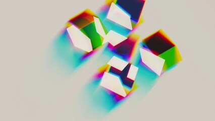 Colorful abstract background of cubes and squares. 3d render of shapes and colors with dispersion and refraction effects, forming abstract colorful illustration