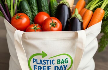 Vibrant market life captured on International Plastic Bag Free Day, featuring a hand holding a reusable tote loaded with fresh, farm-grown veggies.