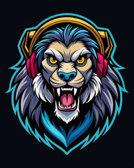 Fototapeta premium angry Lion DJ realistic design and bold line black , white background ,full color