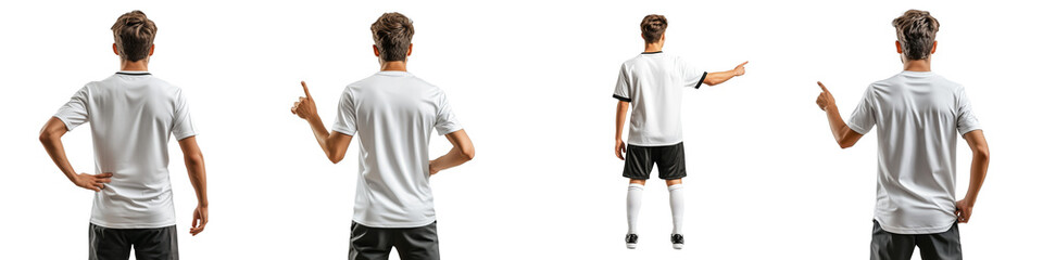 A confident football player in a team jersey pointing upwards and raising hand, celebrating from behind view. Isolated on white background. Generative AI, Transparent background