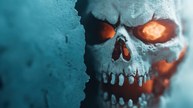 An eerie close-up of a skull against a dark backdrop, with its hollow eye sockets glowing ominously, creating a haunting and dramatic atmosphere.