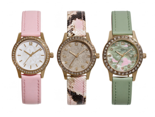 Three women's watches with different colored bands