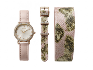 Pink watch with interchangeable snake skin band