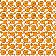 Seamless pattern pumpkins for autumn harvest, Halloween, and Thanksgiving design. For greeting cards, posters, flyers, banners for fall festivals and farmers’ markets, packaging, textile design