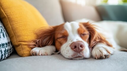Naklejka na ściany i meble A peaceful dog sleeping on a couch surrounded by cozy pillows, perfectly capturing the warmth and comfort of home life and the bond between pets and their environment.