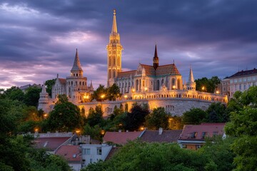 Fototapeta premium Illuminated church and towers rise above trees under a cloudy sky at dusk
