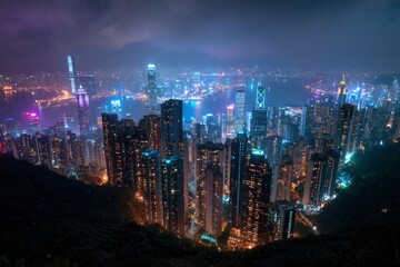 Obraz premium Illuminated cityscape at night tall buildings densely packed view from an elevated angle