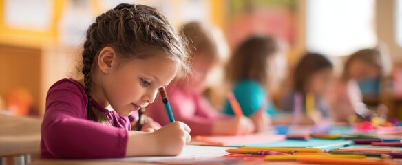 The young girl focused on drawing in a vibrant classroom environment.