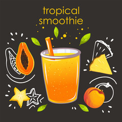 Tropical smoothie. Detox drink with papaya, peach, carambola, pineapple. Vector illustration.