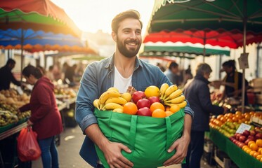 Fototapeta premium International Plastic Bag Free Day campaign visual showing a reusable grocery bag filled with fruits and vegetables being held in a local market.