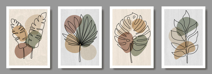 Set of abstract leaves and earth tone geometric shapes for interior. Modern wall decoration collection design for poster, cover, card. Leaves in hand drawn. Artistic template. One line drawing.