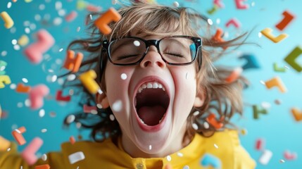 An energetic child with glasses joyfully shouting amidst a flurry of colorful confetti, representing pure joy and celebration, capturing the essence of childhood exuberance.