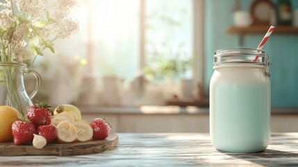A refreshing smoothie jar filled with strawberries and citrus fruits, exuding vibrant colors and a healthy vibe, ideal for promoting wellness and nutritious food choices.