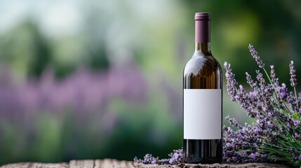 Fototapeta premium A beautiful wine bottle sits elegantly beside vibrant lavender flowers, combined to create a soothing and inviting atmosphere perfect for a relaxing gathering or celebration.