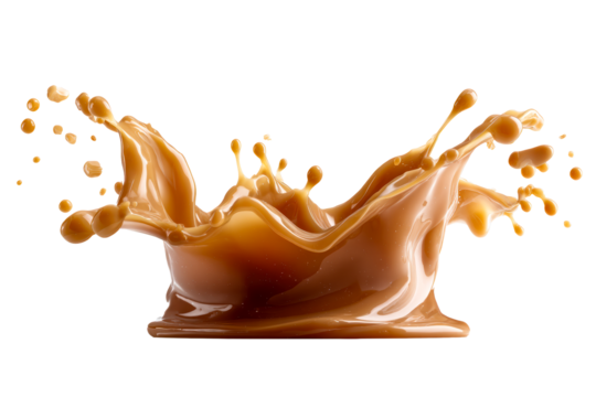 Brown liquid splash in mid air against transparent background