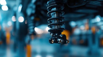 An intricate close-up shot of a car's suspension spring, showcasing its detailed engineering and metallic sheen in a blurred workshop background.