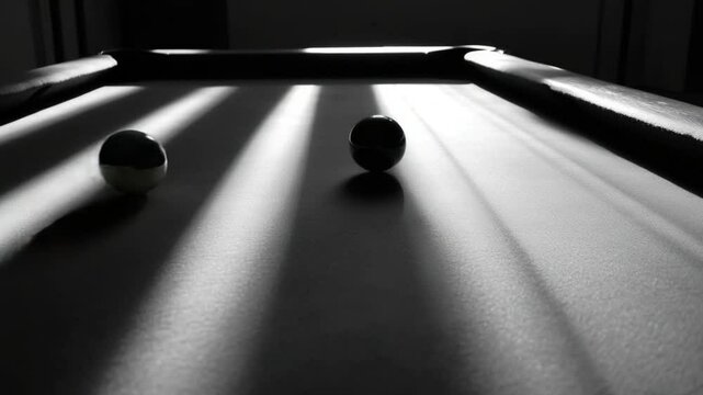 Single billiard ball illuminated by striped shadows on a pool table surface