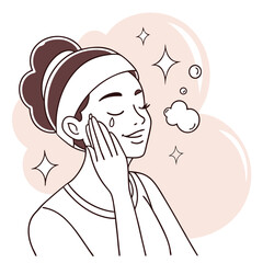 Smiling woman with a headband gently touches her face amidst bubbles and sparkles