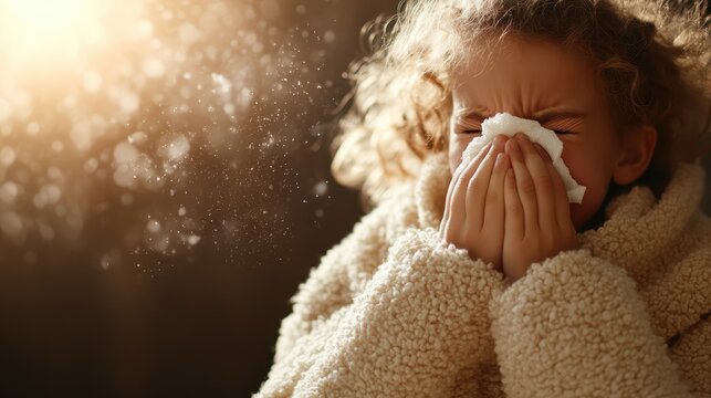 A young girl closes her eyes tightly while holding a tissue to her nose, highlighting her discomfort with allergies or a cold in a warm, fuzzy environment that feels cozy. - Powered by Adobe