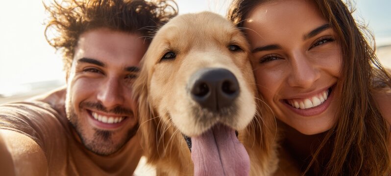 The joyful couple sharing a sunny day with their adorable golden retriever.