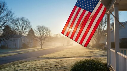 American flag waving in morning light over frosty neighborhood street   - Powered by Adobe