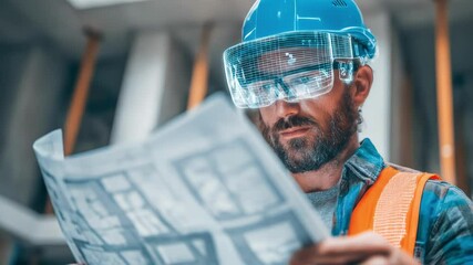 An engineer is holding a blueprint or architectural drawing. In construction or engineering on-site work. A seamless looping video of digital media suitable for use as a wallpaper. - Powered by Adobe