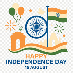Bright and festive illustration celebrating India's Independence Day on 15 August. Perfect for greeting cards, banners, educational materials, patriotic promotions. Flat vector, transparent background