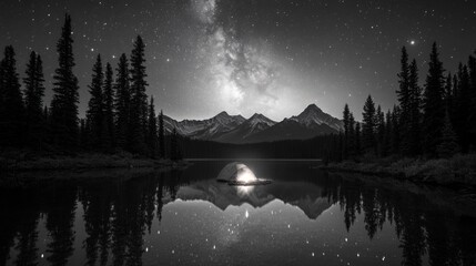 Camping tent in a serene valley under a clear, starry night sky with the Milky Way visible above the surrounding mountains
