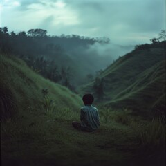 Fototapeta premium Person sits in a valley, misty mountains