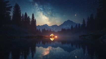 Camping tent in a serene valley under a clear, starry night sky with the Milky Way visible above the surrounding mountains
