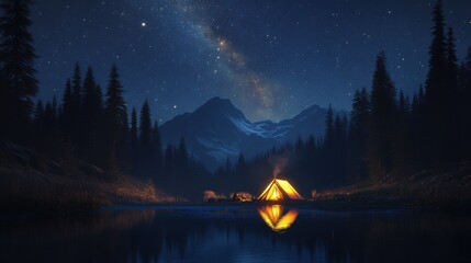 Camping tent in a serene valley under a clear, starry night sky with the Milky Way visible above the surrounding mountains
